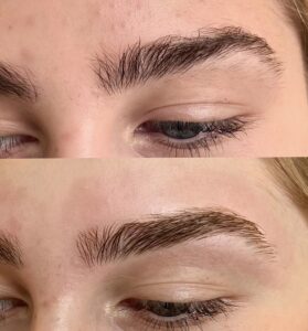 A before and after picture of a woman 's eyebrows.