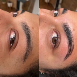 A woman with long eyelashes and brown eyes.