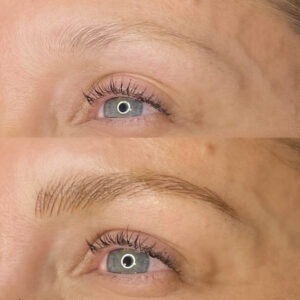 A before and after picture of the brows of a woman
