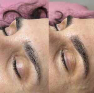 A woman with her eyes closed and the brows are drawn.
