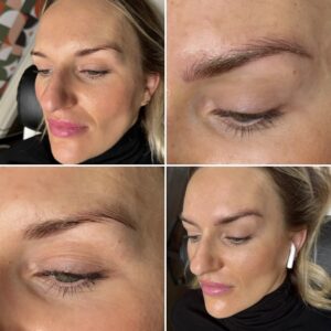 A woman with her eyes closed and a close up of the eye