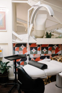 A table with a tray on it in a room.