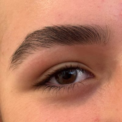A close up of the eye with brows drawn.