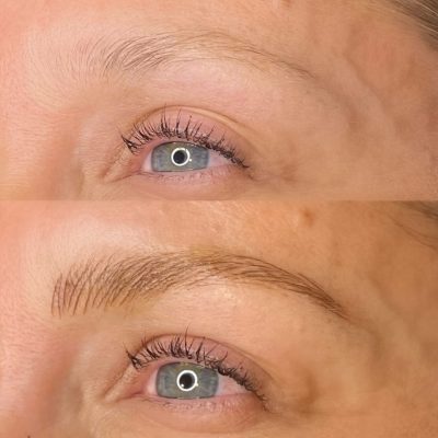 A before and after picture of the brows of a woman