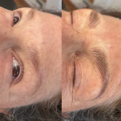 A woman with long hair and brown eyes.