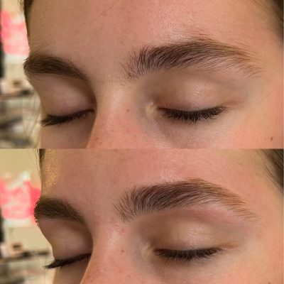 A woman with her eyes closed and the same image of it.